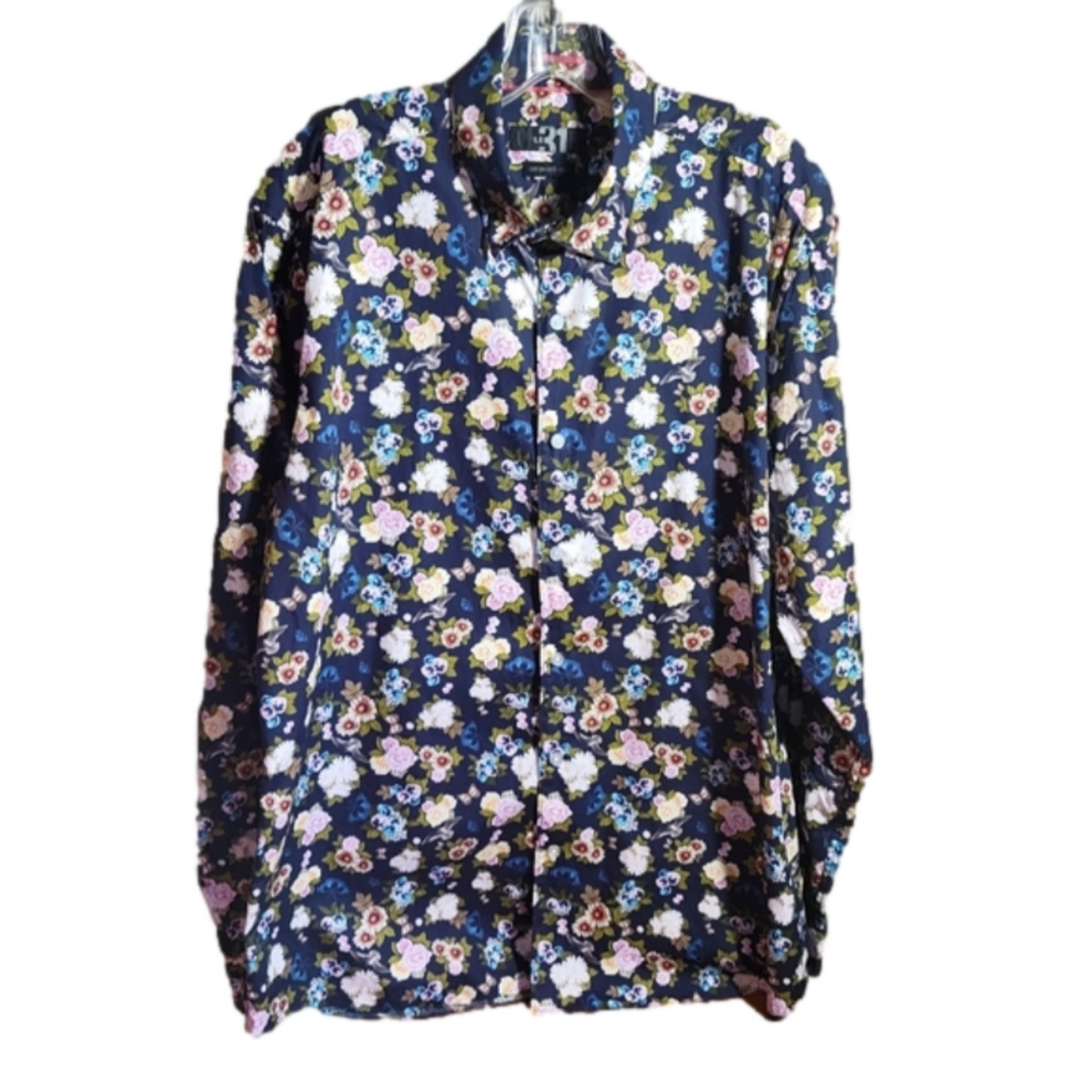 LE31 floral bird collared statment slim fit dress shirt sz 17R 43R